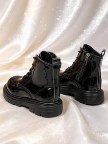 1 Pair Girls' Boots, Soft Mirror PU Material, Soft Sole With Height Increase And Inner Zipper Design, Fashionable British Style Ankle Boots, Suitable For Boys And Girls Students Daily School And Holiday Wear, Autumn/Winter New Style - Black - View 5