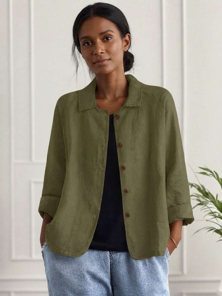 Jisfaneya Solid Color Collar Linen Blend Green Jacket, Casual Multipurpose Lightweight Spring/Summer Outerwear - Green - View 1