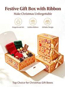 Christmas Gingerbread Flip-Top Gift Box With Bow, 4.53" X 4.53" X 2.36" Paper Gift Box, Christmas Candy Cookie Jewelry Holiday Party Favor Packaging Box - View 1