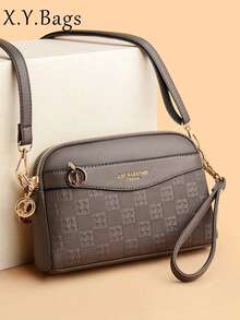 Vintage Litchi Embossed Crossbody Bag, Vintage PU Leather Shoulder Bag, Women's Versatile Handbag And Wallet - Grey - View 2