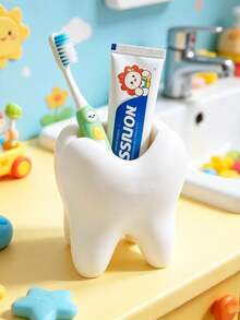 1pc Cute White Tooth-Shaped Kids Bathroom Toothbrush Holder Toothpaste Storage Organizer - White - View 6