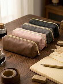 1pc Solid Color PU Leather Pencil Case, Large Capacity Soft Zipper Stationery Organizer & Cosmetic Pouch, Portable Storage Bag For Students, Women, School, Office, Travel & Daily Use, Back To School - Solid Color Style - View 2