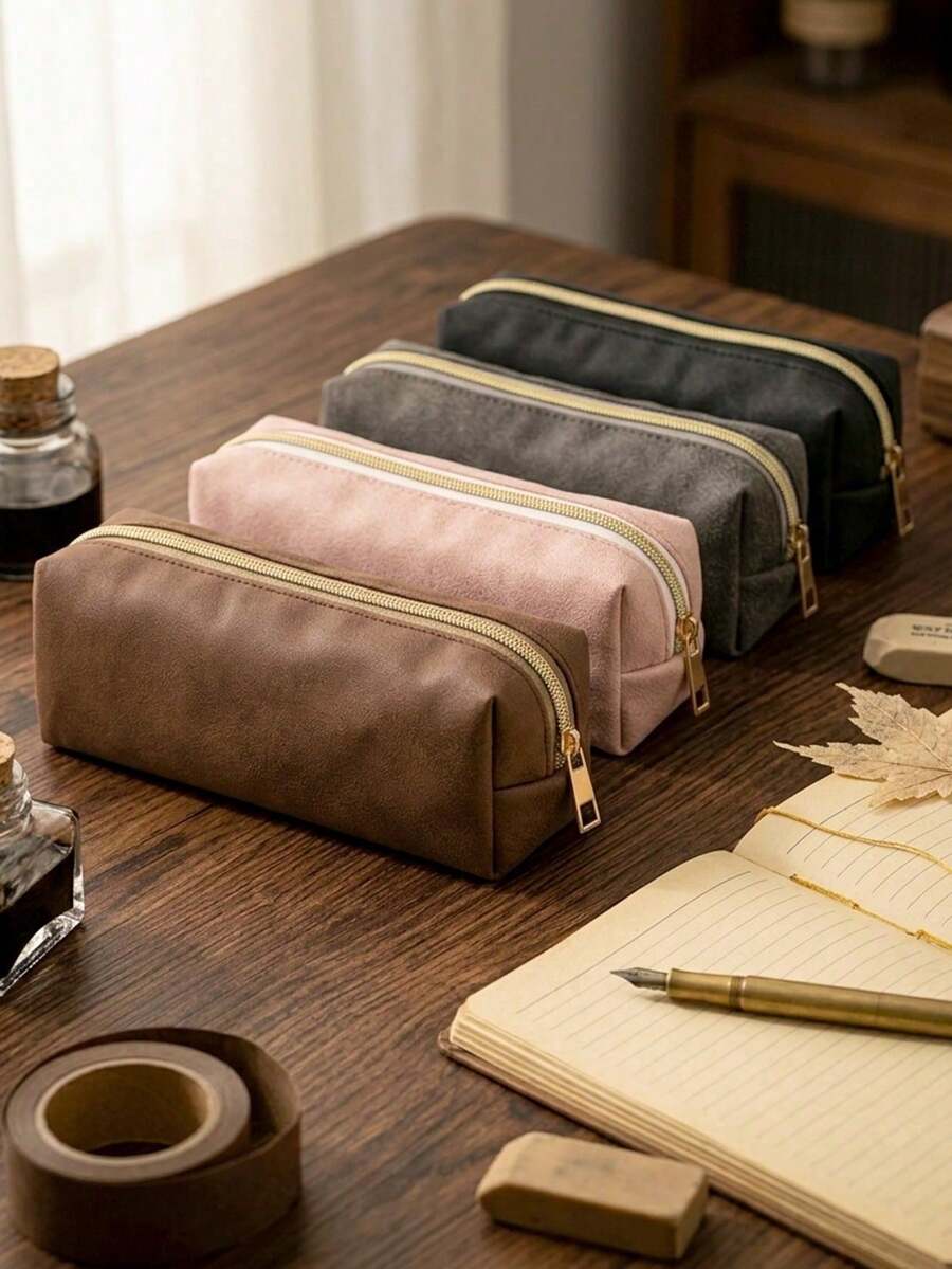 1pc Solid Color PU Leather Pencil Case, Large Capacity Soft Zipper Stationery Organizer & Cosmetic Pouch, Portable Storage Bag For Students, Women, School, Office, Travel & Daily Use, Back To School
