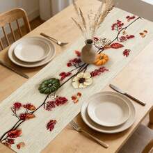 1pc Autumn Harvest Pumpkin & Berry Table Runner, Linen Texture Maple Leaf & Berry Print Tablecloth, Indoor/Outdoor Decorative Table Runner, Suitable For All Seasons, Daily, Wedding, Holiday Home Decor, Dining Room, Living Room, Table & Cabinet Decoration - Red - View 4