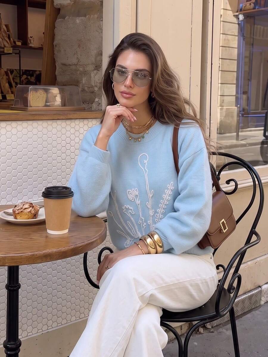 Women Autumn Floral Embroidery Knit Sweater Round Neck Lantern Long Sleeve Loose Knit Top Fall Outfits For Women Clothes - Baby Blue - View 1