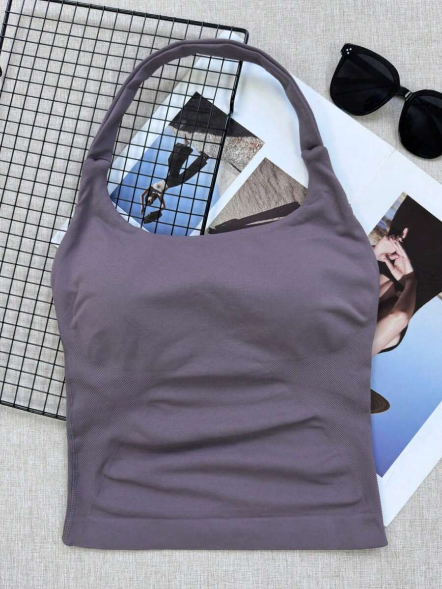 Women's Seamless Long Spaghetti Strap Fitness Top, Built-In Bra With Removable Padding, Sports Yoga Tank Top