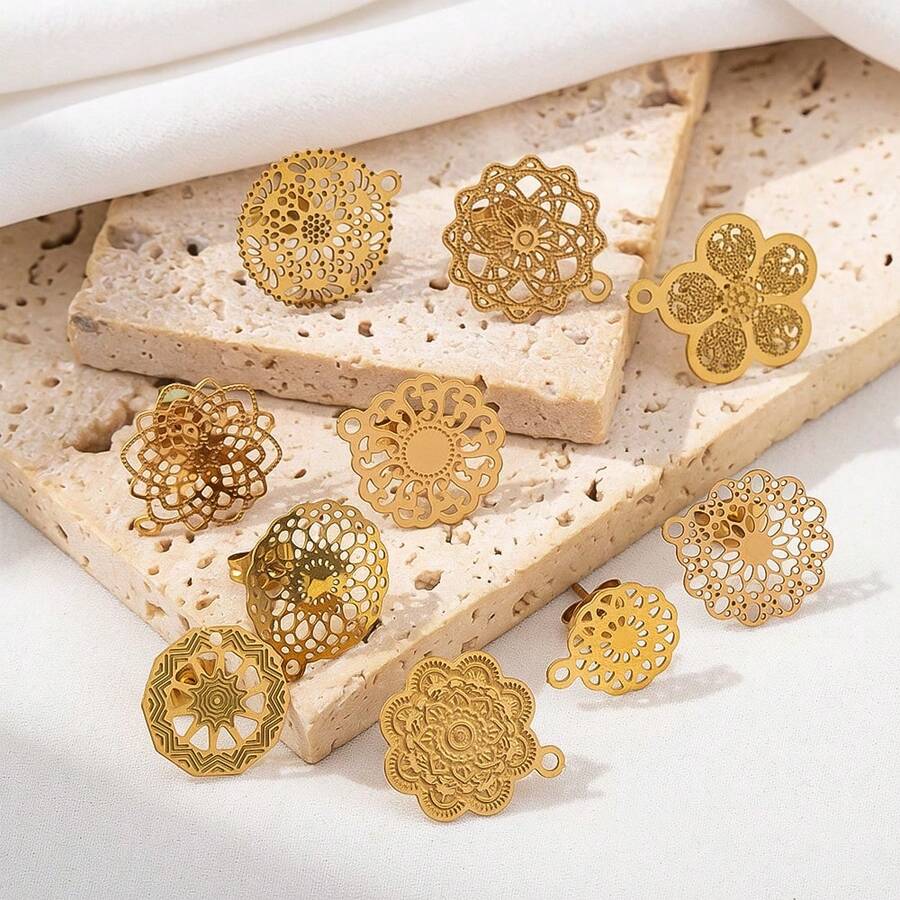 10pcs Stainless Steel Vintage Hollow Floral Pattern Gold Earring Studs Base, Suitable For DIY Jewelry Making Bohemian Style Fashion Elegant Pendant Earring Accessories