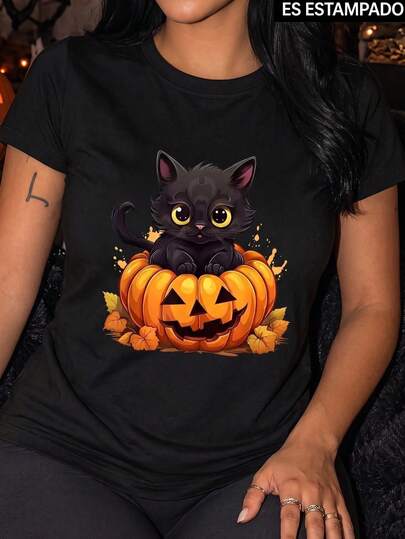 Blusa Camiseta de Mujer Playera Gráfica Dama Básica Casual Manga Corta Cuello Redondo Estampado Gráfico Halloween Día de Muertos Noche de Brujas Gato Negro Gatito Calabaza Hojas Otoño Tierno