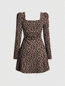 Leopard Print Square Neck Long Sleeve Dress With Ruched Waist And A-Line Full Skirt, Fashionable Streetwear Party Dress For Girls, Suitable For Holiday Gatherings, Outings And Various Occasions - Multicolor - View 3