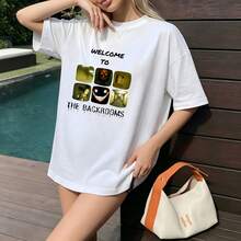 Street Cotton Oversized T‑Shirt, The Backrooms Horror Grid Character Graphic Drop Shoulder Tee For Travel Street Look - White - View 1