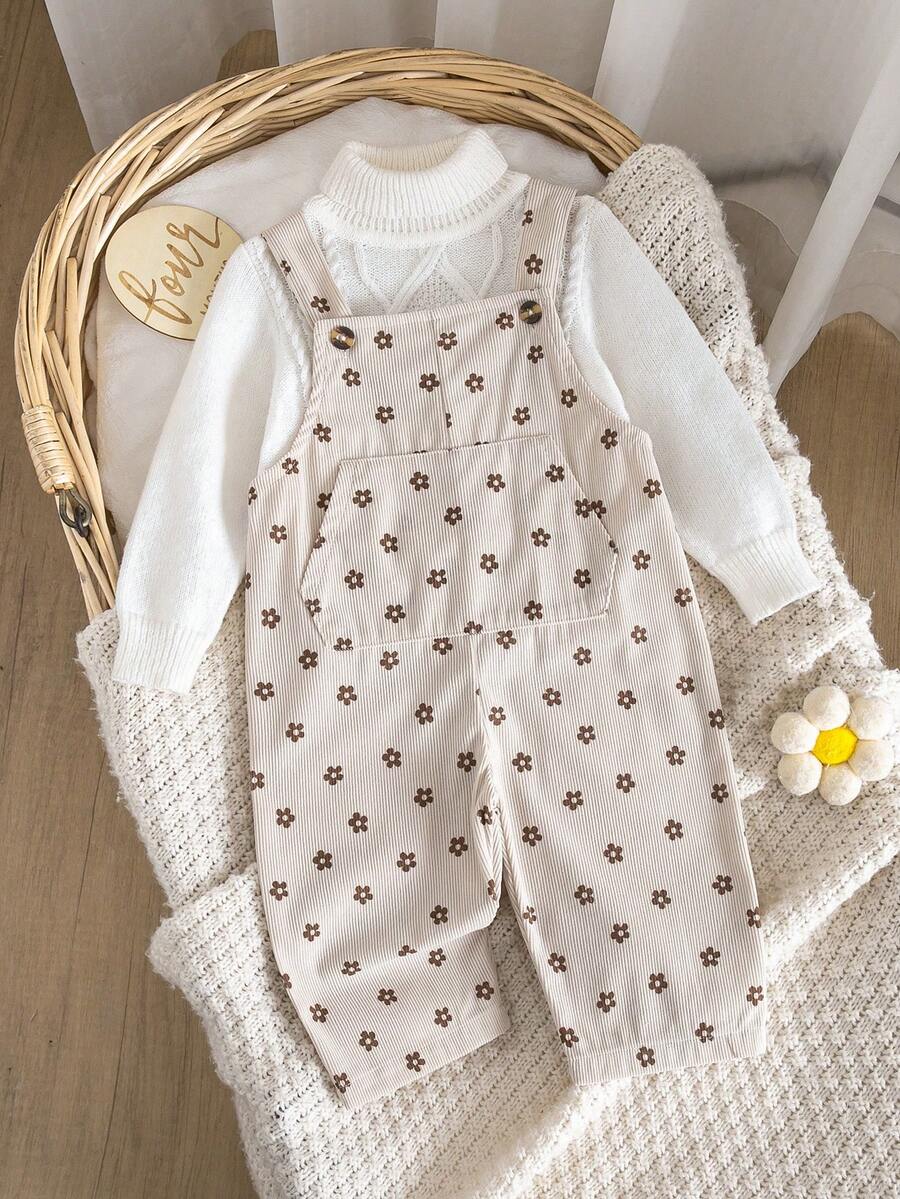1pc Baby Girl Apricot Corduroy Ditsy Floral Overalls, Adjustable Straps, Pockets, Vintage Style Romper - Beige - View 1