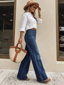 Elegant Women's Denim Wide Leg Pants, With Pockets, Mid-Stretch, Long Length, Washed Process, Suitable For Daily Casual Wear - Dark Wash - View 4