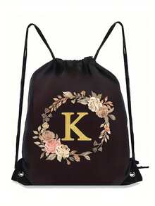 1pc Floral Wreath Alphabet Initial Drawstring Backpack, Letter Print Drawstring Bag, Light Sports Gym Sack, Portable Storage Bag For Travel Sports - Black - View 28