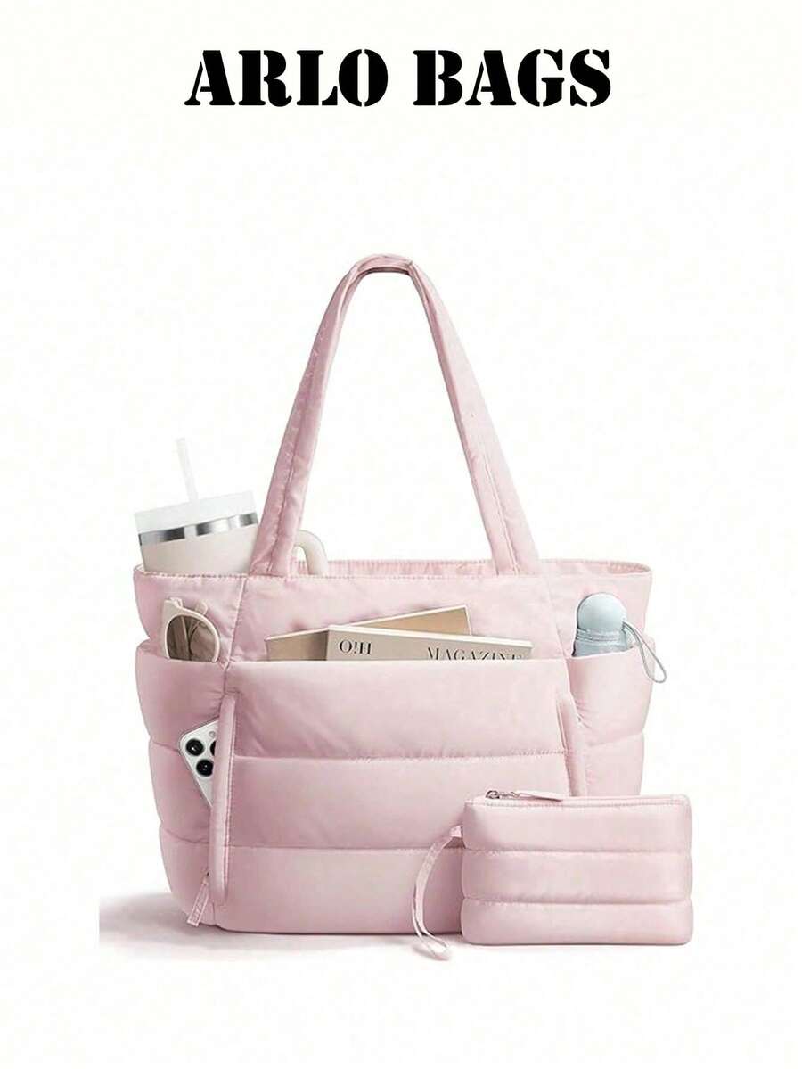 Tote Bag With Multiple Compartments And External Pockets, Excellent Storage Capacity, Comes With Matching Small Pouch, Zipper Closure, Minimalist Casual Style, Tote Handbag, Suitable For Commuting, School, Travel And Other Scenarios, Balancing Practicality And Style - Pink - View 1