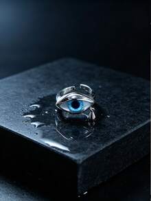 Gothic Style Realistic Eyeball Ring, Metal Silver Water Drop Pendant Eye Open Ring, Subculture Street Style Hot Girl Hand Accessory - Blue - View 2