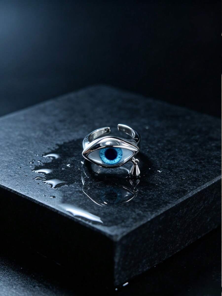 Gothic Style Realistic Eyeball Ring, Metal Silver Water Drop Pendant Eye Open Ring, Subculture Street Style Hot Girl Hand Accessory