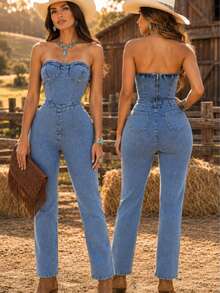 Women Denim Overalls & Jumpsuits - Light Wash - View 2