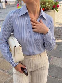SwallowLucky Women's Striped Lapel Shirt, V-Neck Long Sleeve Button Front Blouse, Elegant Casual Top For Spring Autumn Daily Commute - Blue and White - View 4