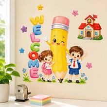 1pc Campus Welcome Backdrop Sticker, School Building & Stationery Elements Activity Room Background Wall Self-Adhesive Decorative Decal - Welcome Backdrop - View 3