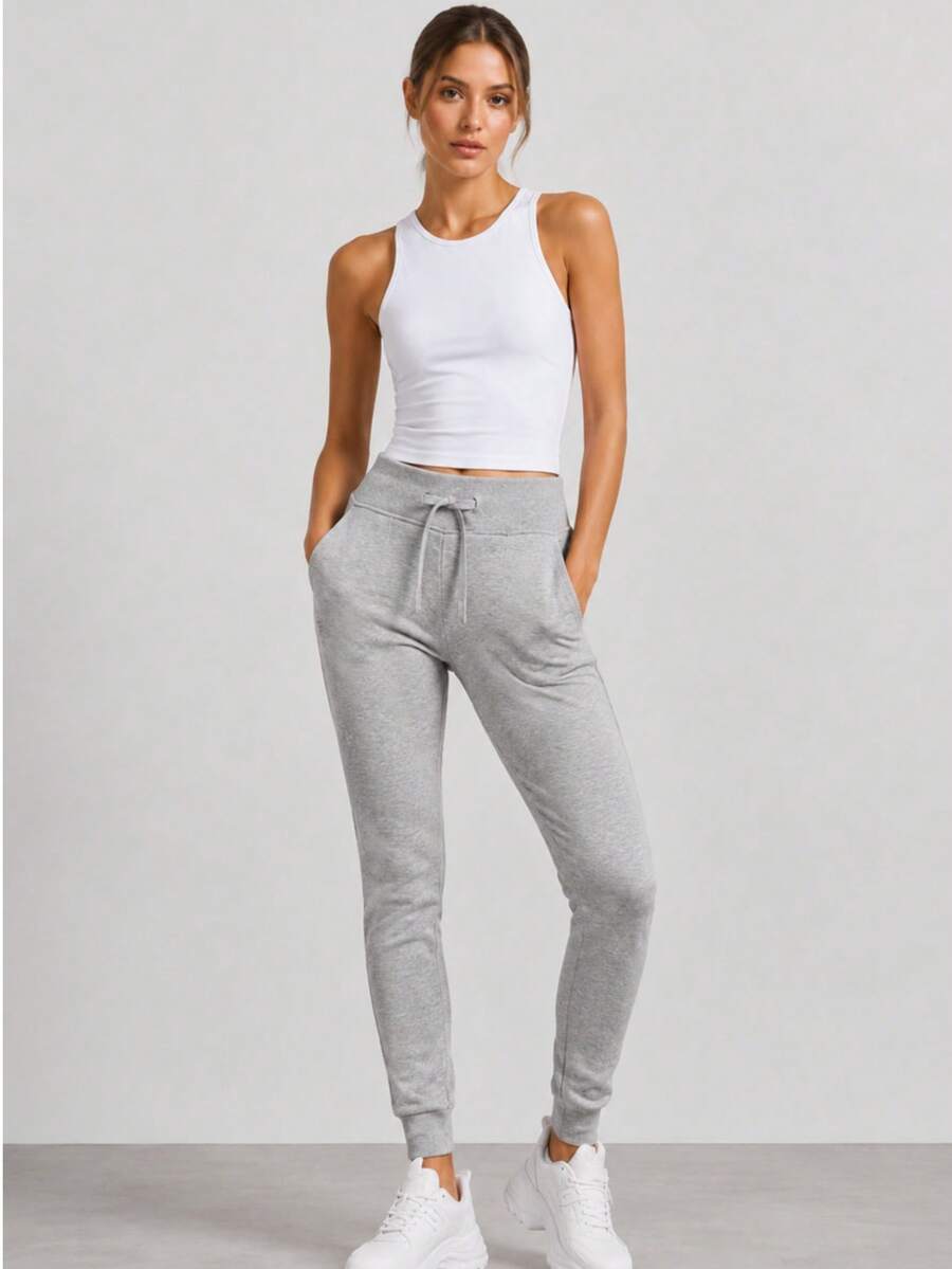 Sweatpants, Elastic Waistband With Drawstrings, Mid-Rise, 2 Pockets, Tapered Legs With Drawstrings, Basic - Light Grey - View 1