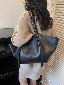 Dedoo Women Soft PU Trapezoid Tote Bag,Solid Color Minimalist Tie Design,Large Capacity Commuter Shoulder Bag,Suitable For Daily Office,Spring/Summer - Black - View 7
