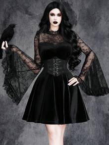 Women's Gothic Sexy Dark Vintage Halloween Witch Cosplay Lace Patchwork Velvet Elastic Dress - Black - View 5