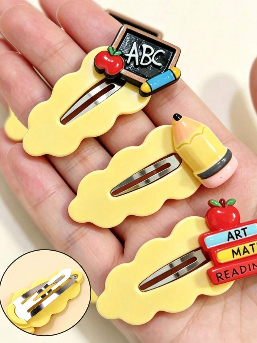 3pcs Pencil Hair Clips, Blackboard Hair Clips, Back To School Book Shaped Hair Accessories, Suitable For Daily Use - Multicolor - View 1