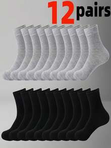 12/1 Pair Black White Grey Minimalist Solid Color Men's Mid-Calf Socks, Unisex, Autumn Winter Christmas Gift Socks - Multicolor - View 18