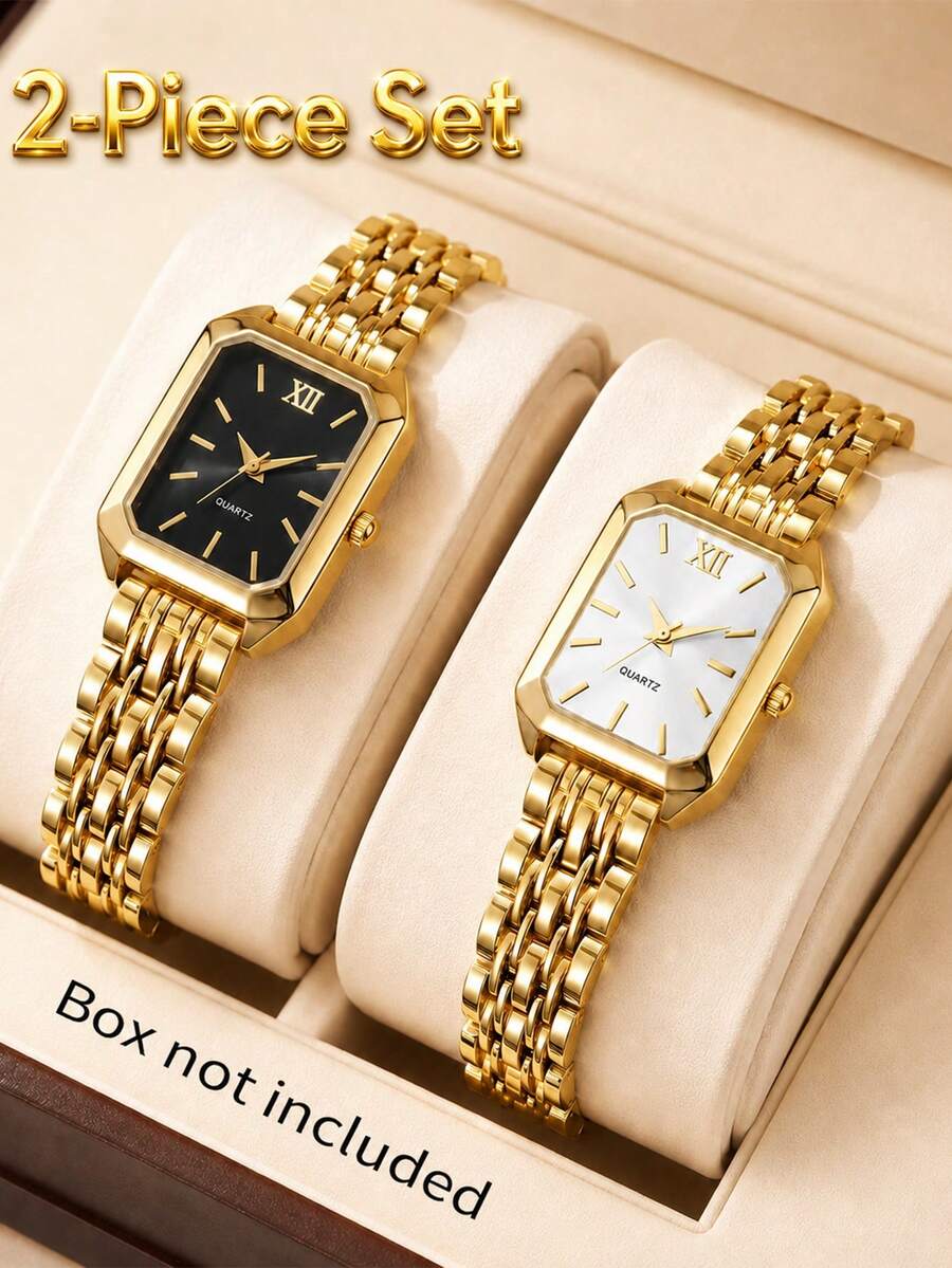 2Pcs Matching Vintage Square Quartz Watch Set For Girl & Kids Girls, Ins Style Gold Metal Band Roman Number Daily Wrist