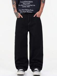 Minimalist Men's Business Casual Jeans, Versatile High Street Straight Leg Pants, Suitable For All Seasons - Black - View 3