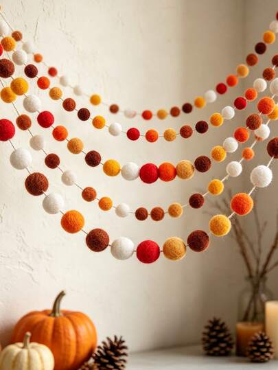 2/1pc Autumn Felt Ball Garland, Autumn Pom Pom Banner, Thanksgiving, Harvest, Baby Shower, Home Wall Fireplace Mantel Decor, Suitable For Thanksgiving Party Wall Decoration, Indoor/Outdoor Pom Pom Bunting Decoration, Baby Birthday Party, Baby Shower Decoration