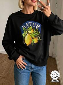 Black Loose-Fit Crew Neck Sweatshirt With Lemon Print & Cross Necklace Street Style For Young Adults Spring Fall Casual Wear - Black - View 3