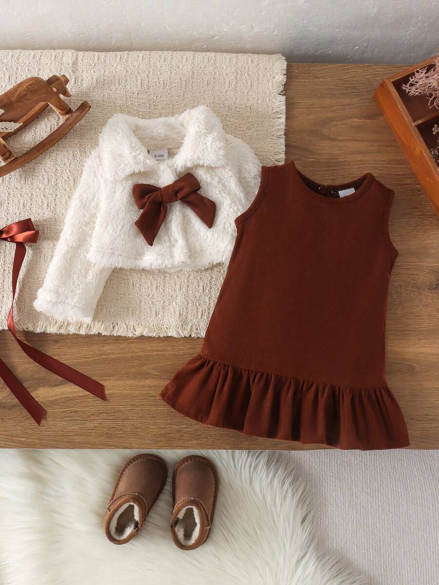 2pcs Baby Girl Vintage Forest Sweet Style 3D Bow Beige Fuzzy Jacket & Sleeveless Mermaid Dress Set, Autumn/Winter - Beige - View 1