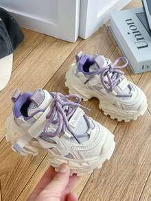 Kids' Hook And Loop Chunky Sneakers, Thick Sole Breathable Unisex Sports Shoes - Purple - View 5