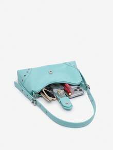 Retro Maillard Soft, Aged, Brushed, Leopard PrintFawn PatternMotorcycle Packaging Decoration Single Shoulder Underarm Bag, Square Bag - Mint Blue - View 5