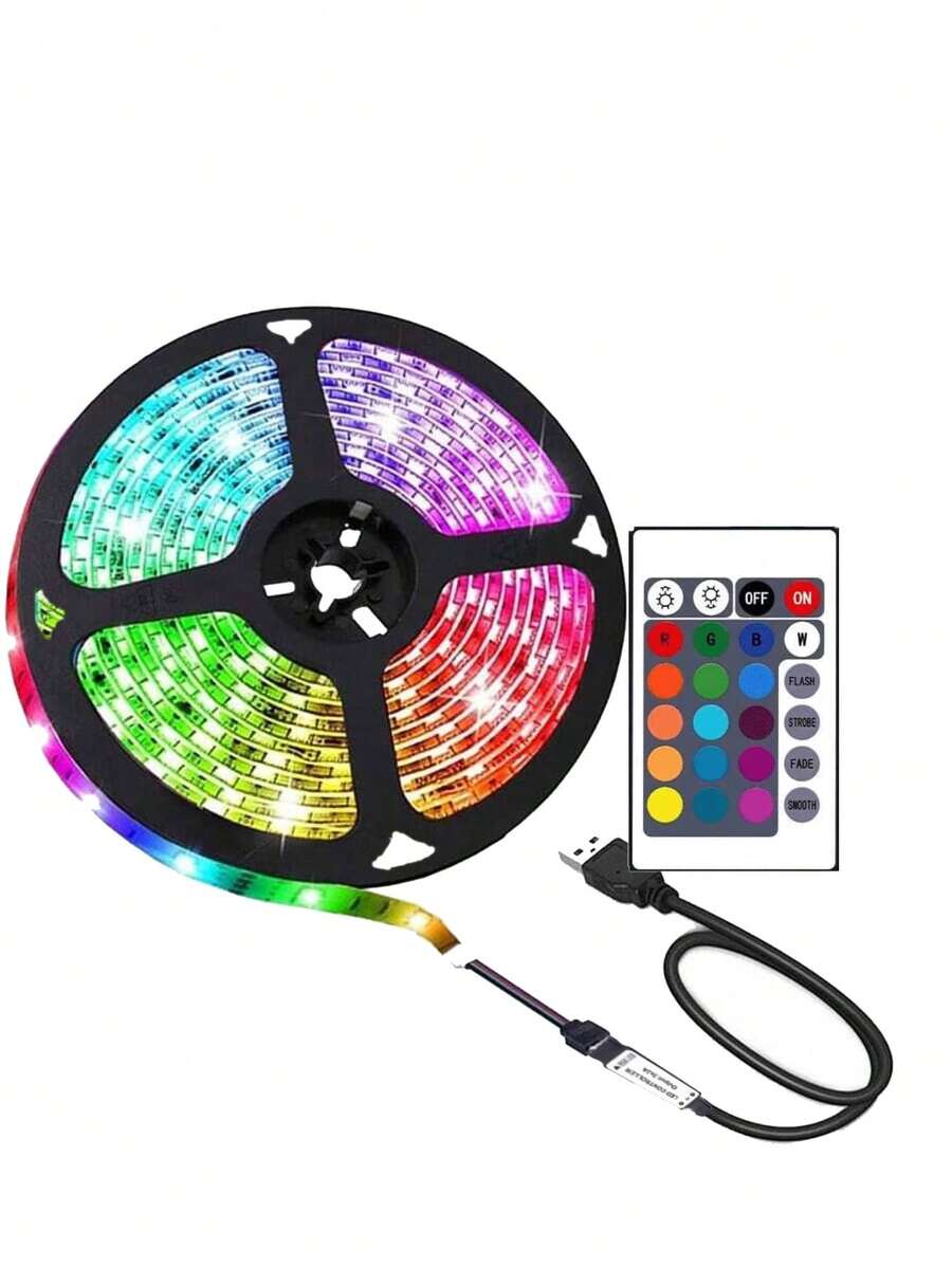 1 pieza Tira de luz LED inteligente, disco negro con control remoto de 24 teclas, multicolor ajustable, adecuada para dormitorio, sala de estar, decoración del hogar, fiesta en la habitación, alimentada por USB, decoración navideña, luz de ambiente para bar