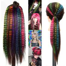 1pc Leopard Print Mixed Color Hair Extension, Multi-Color Tiger Print Hair Extension, Y2K Hot Girl Style Synthetic Fiber Long Straight Strip With Clip Design Easy To Wear Decorative Hair Extension, Suitable For Party, Music Festival, Halloween, Daily Wear, All Seasons, One-Piece Seamless Hair Extension, Leopard Print Colorful Wig Piece And Feather Hair - Leopard Print - View 9