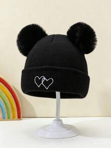 Heart Embroidery Double Pom Pom Baby Knitted Hat, Cute Baby Woolen Hat, Fashionable Versatile Ear Protection Hat - Multicolor - View 8