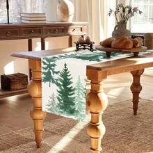 1/2 Set Of Linen Table Runne, Beige Background, Green Christmas Tree Design. Durable Indoor And Outdoor Holiday Table Flags, Suitable For Kitchen, Restaurant, And Christmas Party Decoration, Holiday Themes, And Home Decor. - Multicolor - View 6