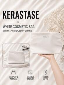 Kérastase White Makeup Bag, 29*19.5cm, Single Piece, Smooth Fabric, Large Capacity, Suitable For Travel And Daily Use, Organizes Makeup And Skincare Essentials - White - View 3