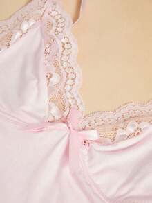 Pink Lace Trimmed Bow Decorated Side Slit Cami Slip Dress - Pink - View 3