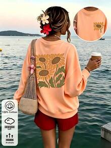 Women's Peach Pullover Sweatshirt With SunflowerPrint, Rib-Knit Details,Round Neck, Long Regular Sleeves,Medium StretchKnitted FabricFall Outfits - Hami Melon Orange - View 11