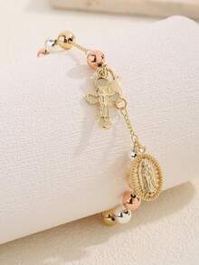 1pc Pure Copper Handmade Beaded Virgin Mary Bracelet, Suitable For Women's Daily Wear And Decoration - Yellow Gold - View 3