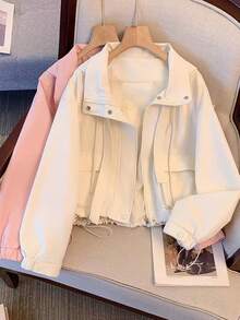 Women's Lightweight Outdoor Hooded Jacket, Long Sleeve Short Style Woven Fabric, With Practical Pockets, Drawstring And Zipper Closure - Off White - View 1
