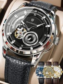 POEDAGAR 1pc Business Men's PU Leather Automatic Mechanical Skeleton Tourbillon Watch, Fashion Waterproof Luminous Wristwatch For Daily Occasions, Men's Gift - one-size - View 13