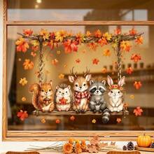 1PC Fall Autumn Village Static Window Stickers, Cute Harvest Houses Maple Leaf Pumpkin Acorn Flying Birds Decal, Static Cling No Glue Easy Removable, For Glass Window, Door, Shop Window, Home Thanksgiving Decor - Multicolor - View 5