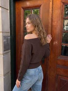 Women Autumn Off Shoulder Knit Tops Long Sleeve Ribbed Cropped Fall Outfits For Women Casual Clothes - Chocolate Brown - View 2