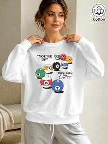 Women's Casual Loose Fit Cotton Crew Neck Sweatshirt With Colorful Billiard Graphic And Slogan Print, Long Sleeve Pullover For Spring - White - View 3