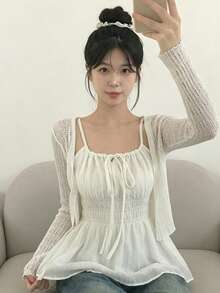 Women's Solid Color Bowknot Front Design Camisole, Fresh Style For Spring/Summer Casual White - White - View 7