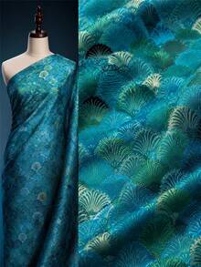 1pc Blue-Green Satin Jacquard Fabric, Traditional Fan Pattern, Shiny Metallic Thread Woven Material, Suitable For Cheongsam, Clothing, Evening Gown, Bag Making, Home Decor And DIY Sewing Crafts - Multicolor - View 8